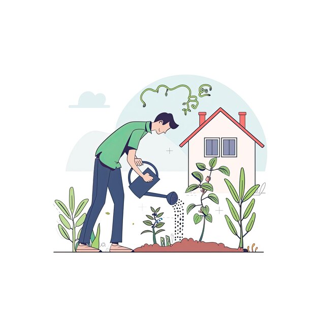 PSD a man watering plants with a watering can cartoon illustration