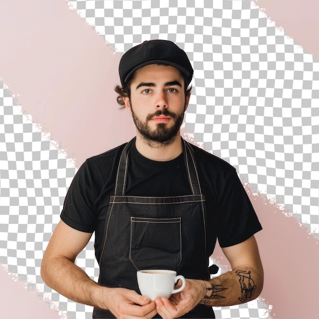 PSD a man wearing an apron with a black hat and a white and pink background