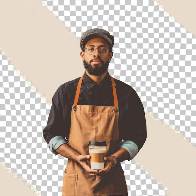 PSD a man wearing an apron with a cup of coffee