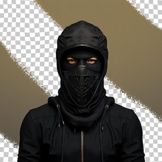 a man wearing a black mask and a black mask stands in front of a white and black background.