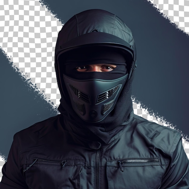 a man wearing a black mask with a black hood that says " s " on it.