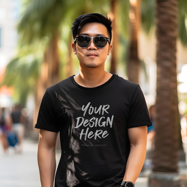 Man wearing Black T Shirt PSD Mockup