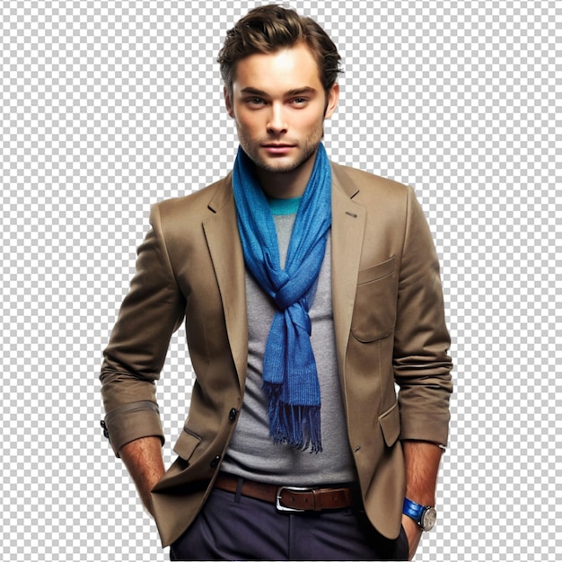 PSD man wearing brown suit jacket and blue scarf