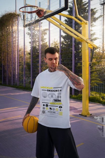 Man wearing cyber street wear t-shirt mock-up with urban design on the basketball court