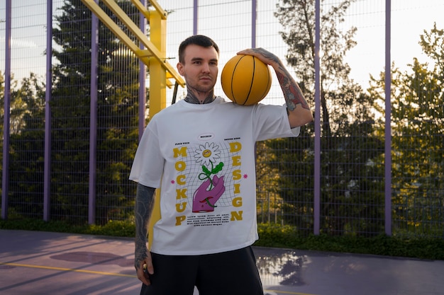 Man wearing cyber street wear t-shirt mock-up with urban design on the basketball court