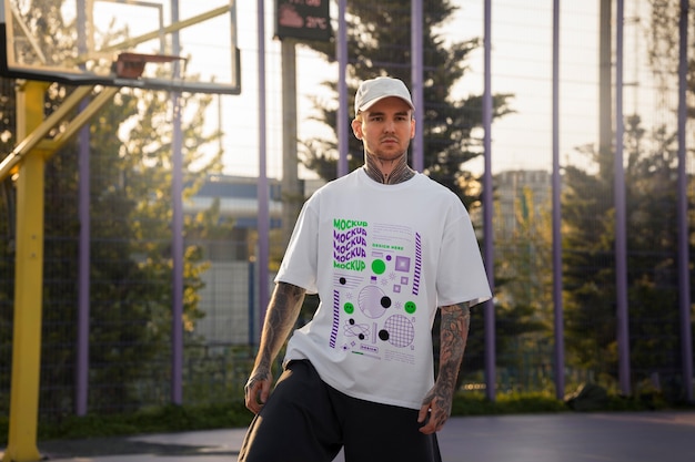 Man wearing cyber street wear t-shirt mock-up with urban design on the basketball court