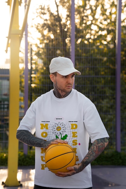 Man wearing cyber street wear t-shirt mock-up with urban design on the basketball court