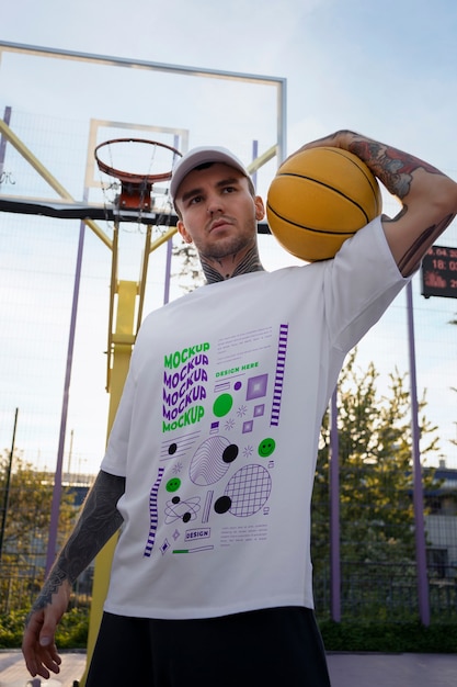 Man wearing cyber street wear t-shirt mock-up with urban design on the basketball court