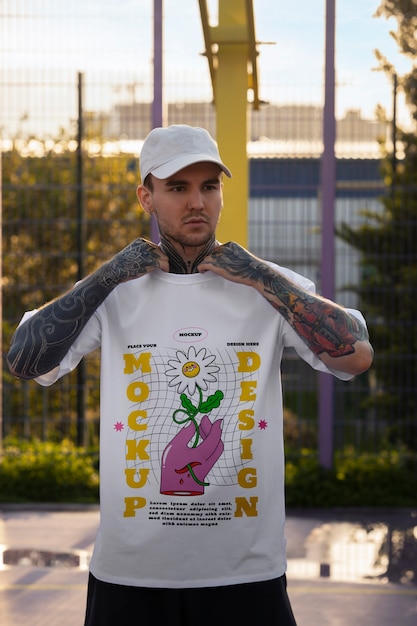 Man wearing cyber street wear t-shirt mock-up with urban design outdoors