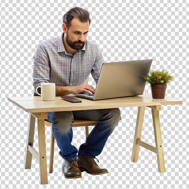 A man wearing a face mask and a plaid shirt is working on a laptop on transparent background