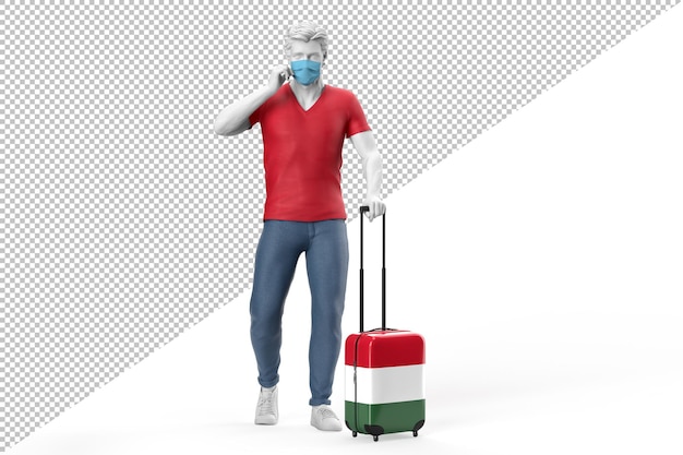 Man wearing face mask pulls a suitcase textured with flag of Hungary