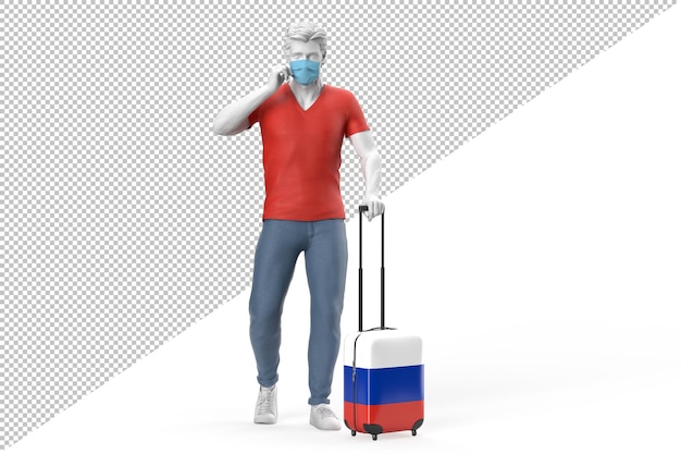 Man wearing face mask pulls a suitcase textured with flag of Russia. 3D illustration