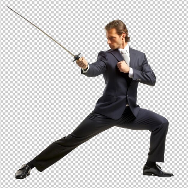 PSD man wearing fancy suit practicing with sword