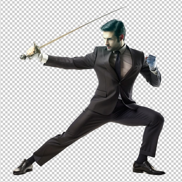 PSD man wearing fancy suit practicing with sword