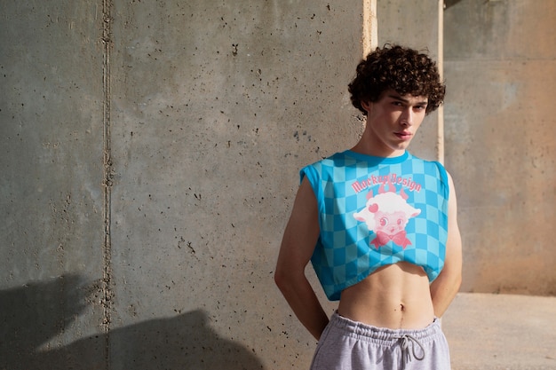 PSD man wearing fashionable crop top mock-up