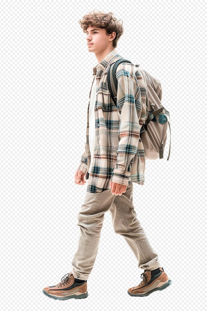 A man wearing glasses goes out to travel wear a hat and carry a backpack