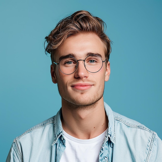 PSD a man wearing glasses and a shirt that says quot hes wearing glasses quot