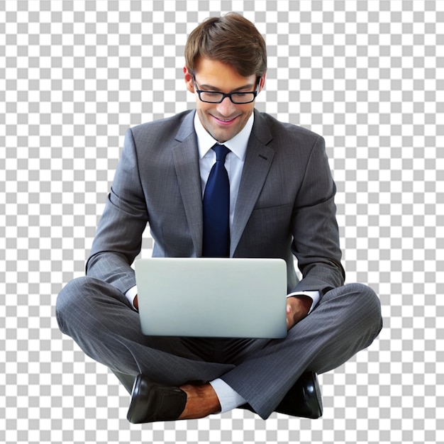 a man wearing glasses and a suit working on a computer on transparent background