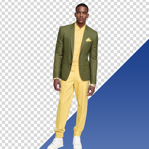 PSD a man wearing a green jacket and yellow pants stands in front of a blue background