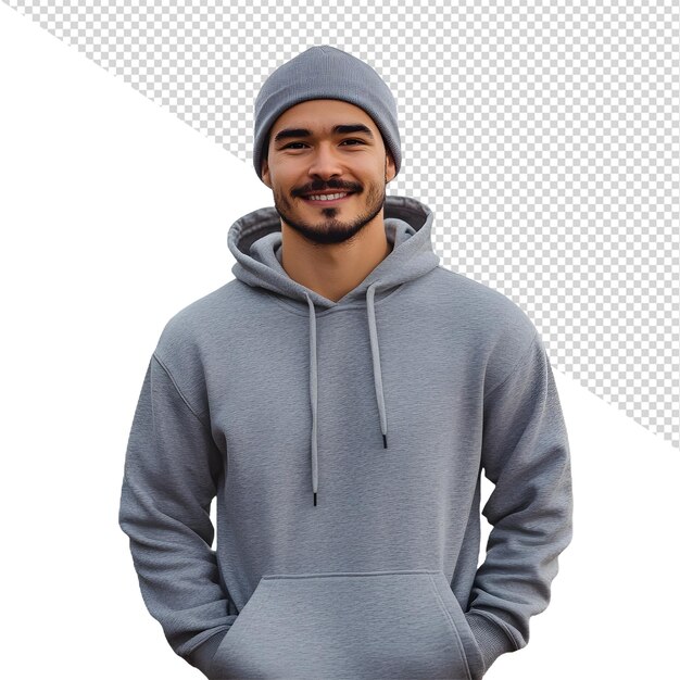 a man wearing a grey hoodie with a hoodie on it