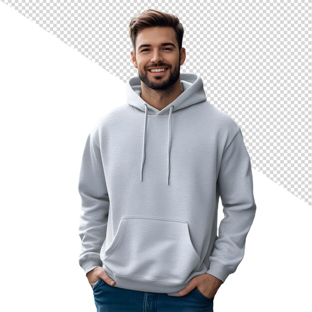 PSD a man wearing a grey hoodie with a white background with a pattern of squares