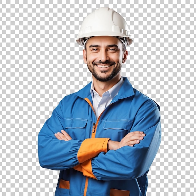 a man wearing a hard hat and smiling isolated on transparent background