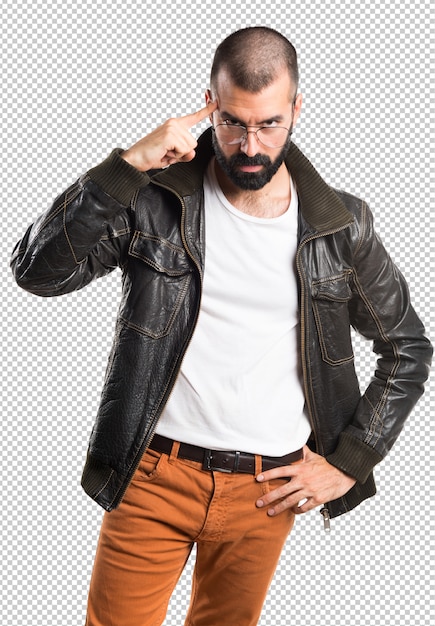 Man wearing a leather jacket thinking