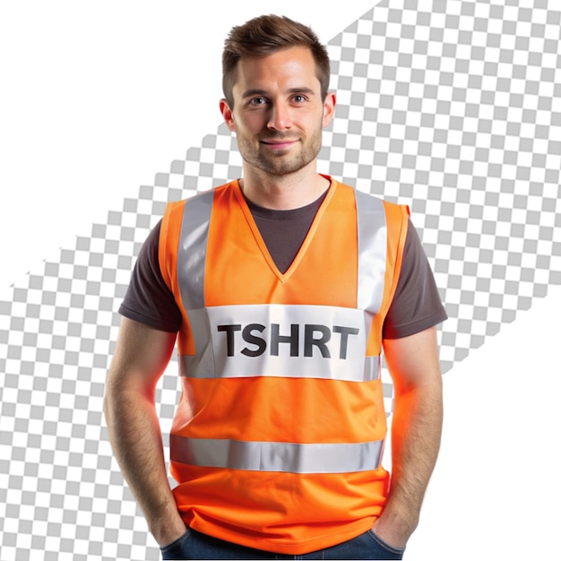 PSD a man wearing an orange vest with the word quot on it