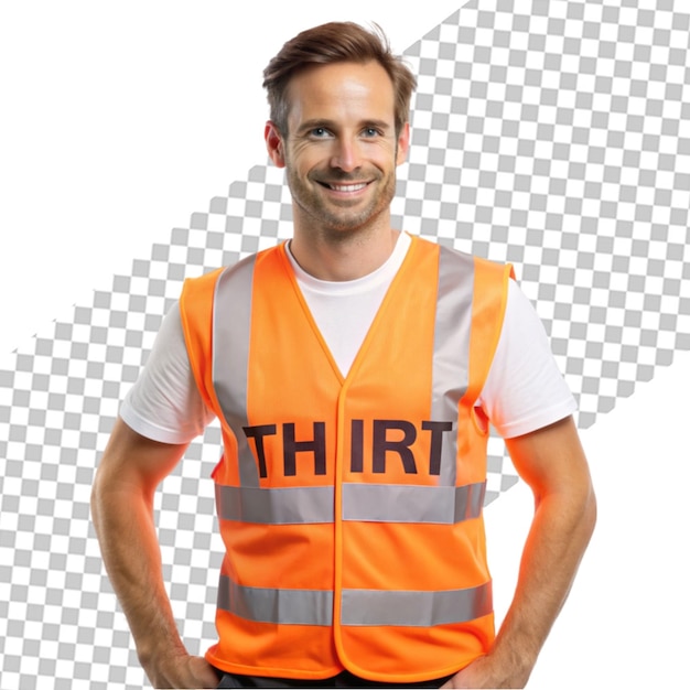 PSD a man wearing an orange vest with the word quot on it