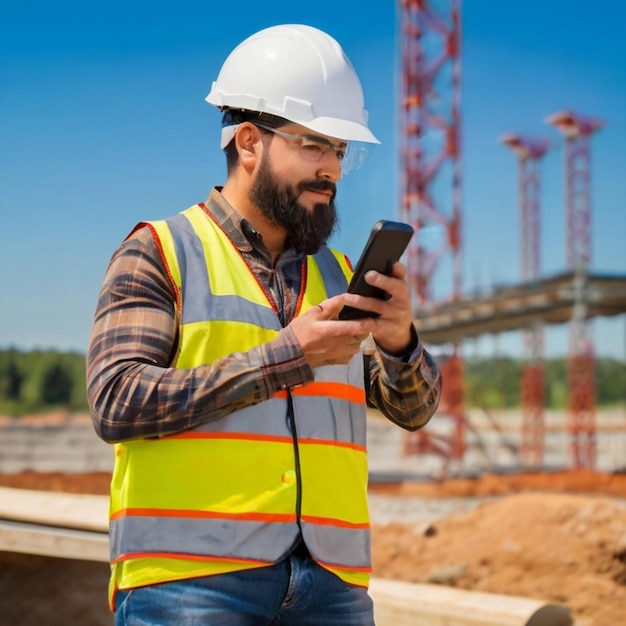 PSD a man wearing a safety vest and a hard hat is looking at his phone