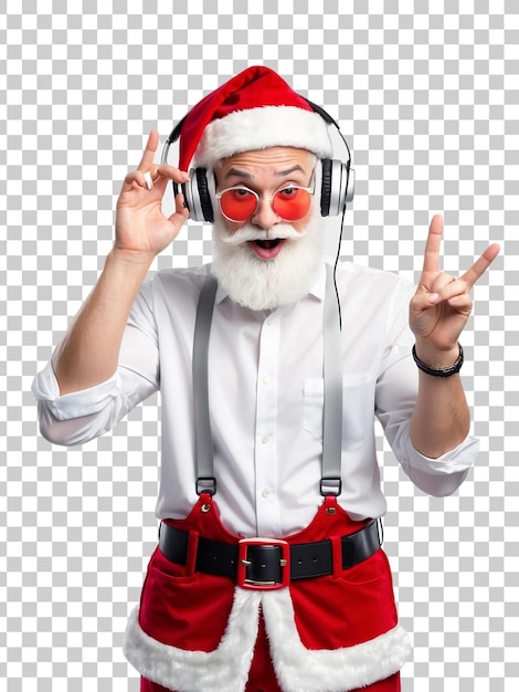 PSD a man wearing a santa hat and glasses is wearing headphones