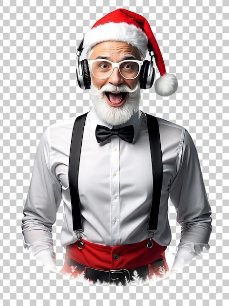 PSD a man wearing a santa hat and glasses is wearing headphones