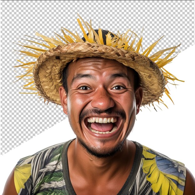 PSD a man wearing a straw hat that says quot hes happy quot