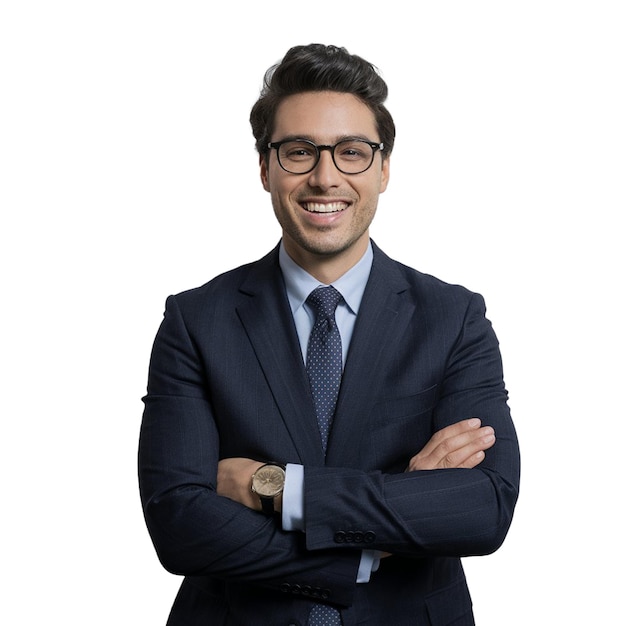 a man wearing a suit with a blue shirt and glasses