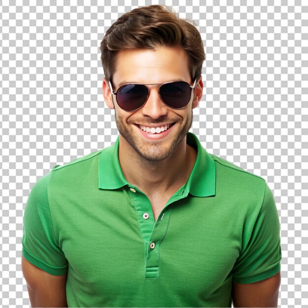 a man wearing sunglasses and a green shirt smiling on transparent background