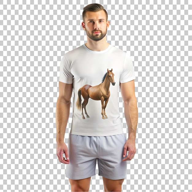 PSD a man wearing t shirt and short with horse mockup on transparent background