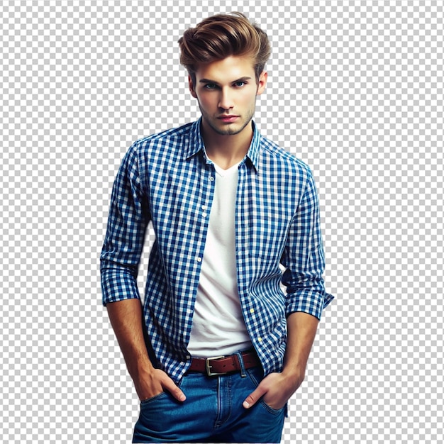 A man wearing trendy high quality checked double pocket shirt fashion photography