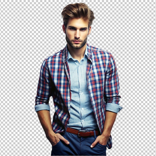 A man wearing trendy high quality checked double pocket shirt fashion photography