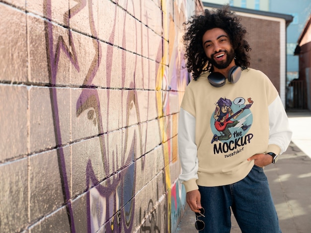 Man wearing urban style sweatshirt outdoors