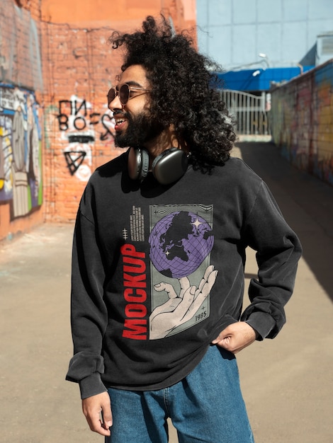 Man wearing urban style sweatshirt outdoors