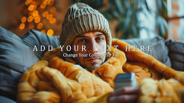 PSD man wearing warm winter hat sitting on sofa