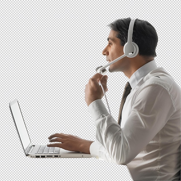 PSD a man wearing a white shirt and headphones is using a laptop