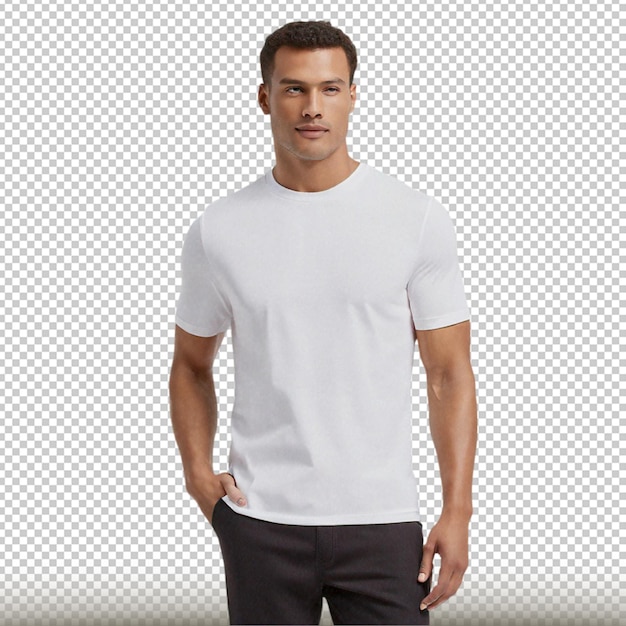 a man wearing a white shirt that says hes standing in front of a gray background