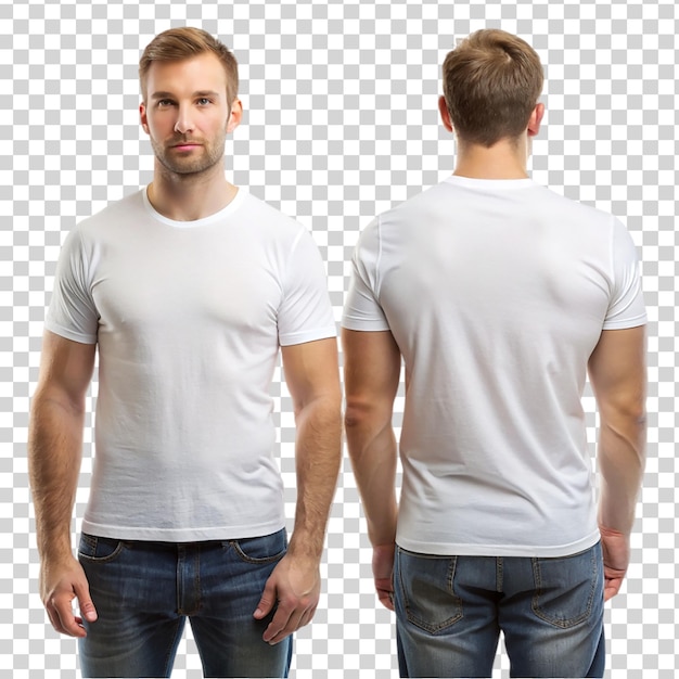 PSD man wearing white tshirt front and back views portrait isolated on transparent background