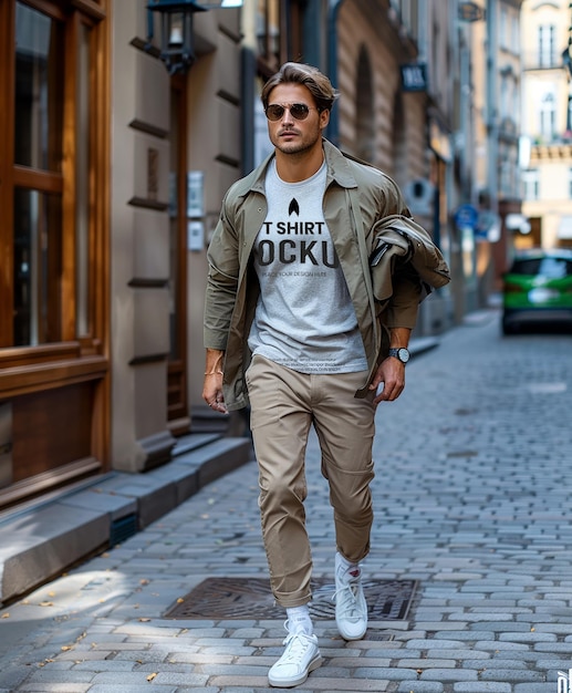 PSD a man wearing a white tshirt khaki pants and sunglasses walks down a cobblestone street