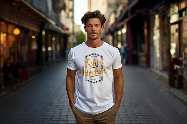 Man wearing a white tshirt in street Mockup