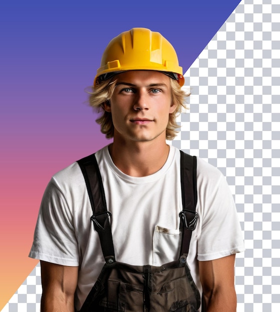 PSD a man wearing a yellow hard hat and a white shirt with the word hard on it