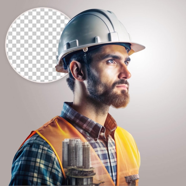 PSD a man wearing a yellow hard hat with smiles on transparent background