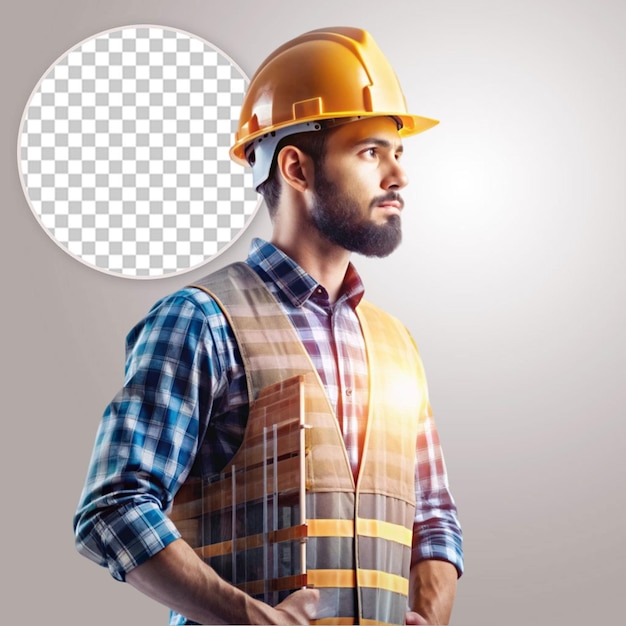 PSD a man wearing a yellow hard hat with smiles on transparent background