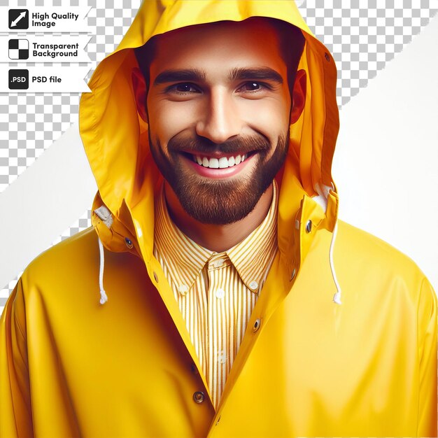 a man wearing a yellow raincoat with a yellow raincoat on it